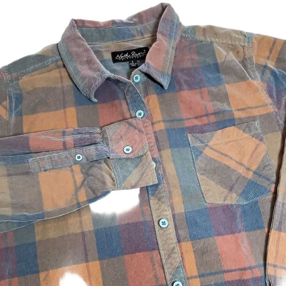 North River Corduroy Plaid Button Up Shirt L Autumn Cotton Long Sleeve